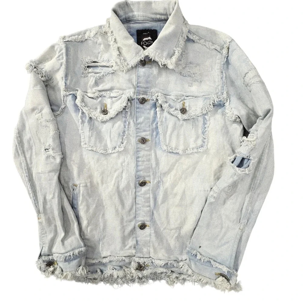 Vtg Focus Distressed Denim Medium Jacket Y2K Frayed Hem Womens Grunge Ripped 90s